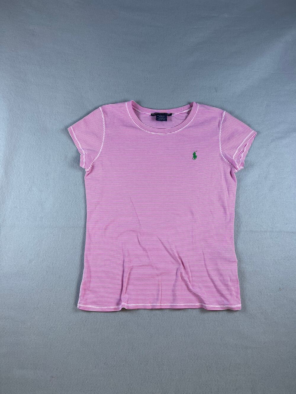Ralph Lauren Sport Top Womens L Pink White Short Sleeve Crew Neck Striped Tee